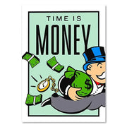 Cartoon canvas painting of a smiling man in blue top hat with money bag and falling bills for motivational wall art