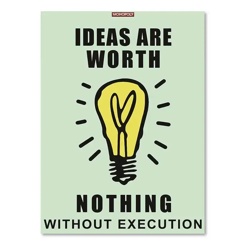 Decorbites™ dollar millionaire motivational cartoon canvas wall art in light green with yellow light bulb illustration