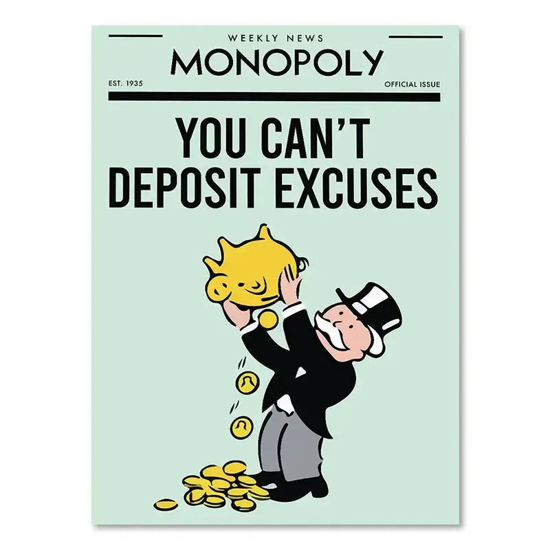 Light green monopoly-themed canvas painting featuring a motivational cartoon man with a golden piggy bank wall art