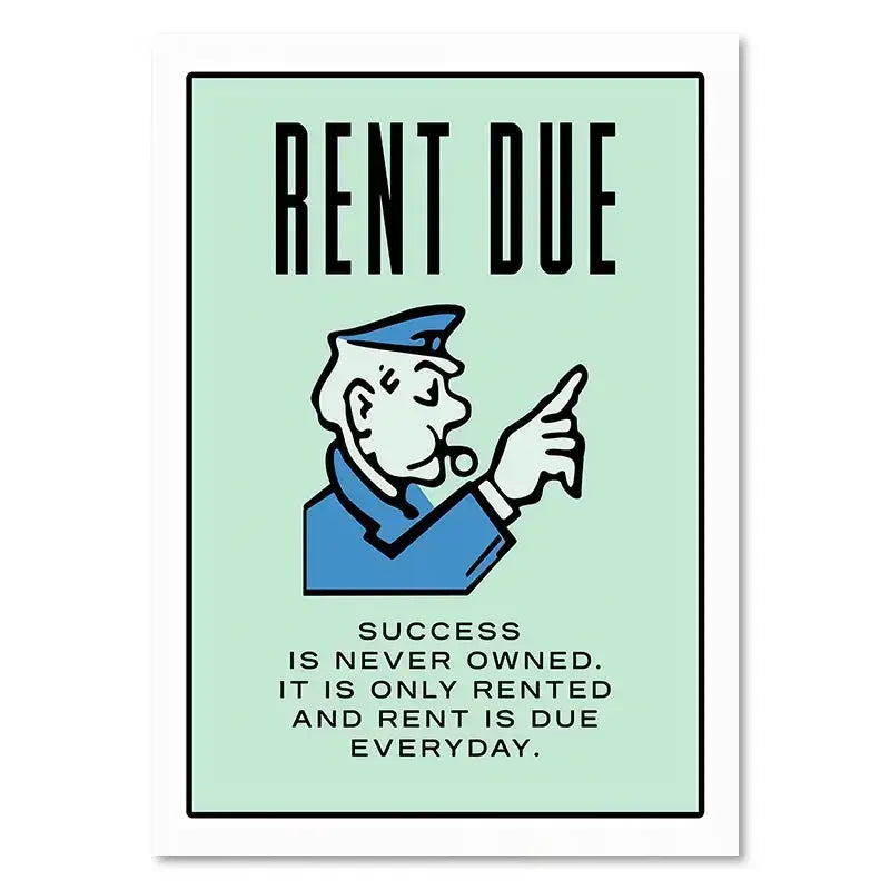 A mint green rectangular canvas painting featuring a cartoon police officer with rent due and motivational quote wall art