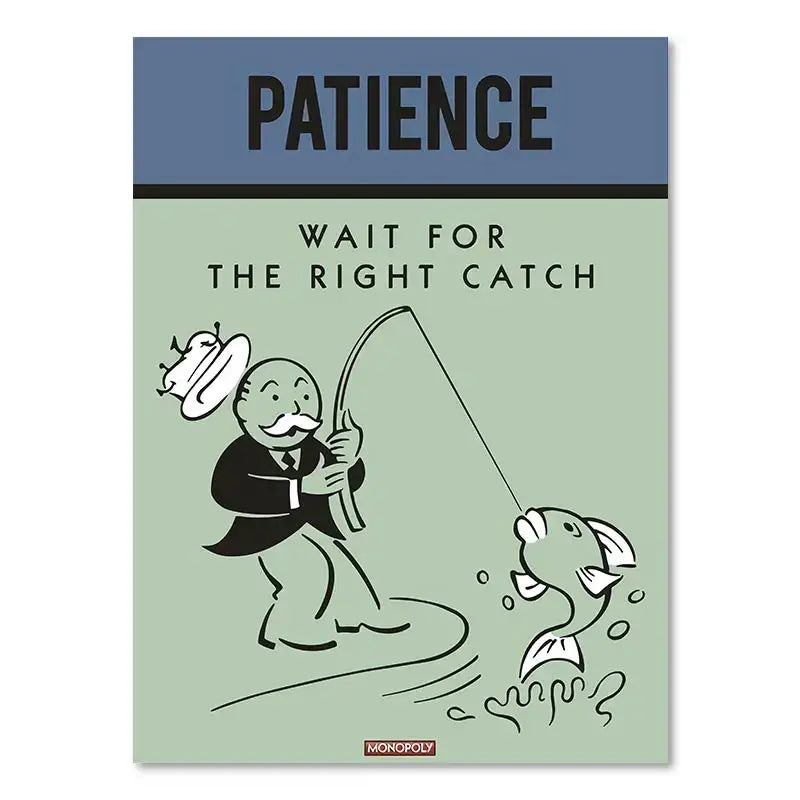 DecorBites canvas painting wall art features a black-and-white fishing cartoon with motivational quote on light green