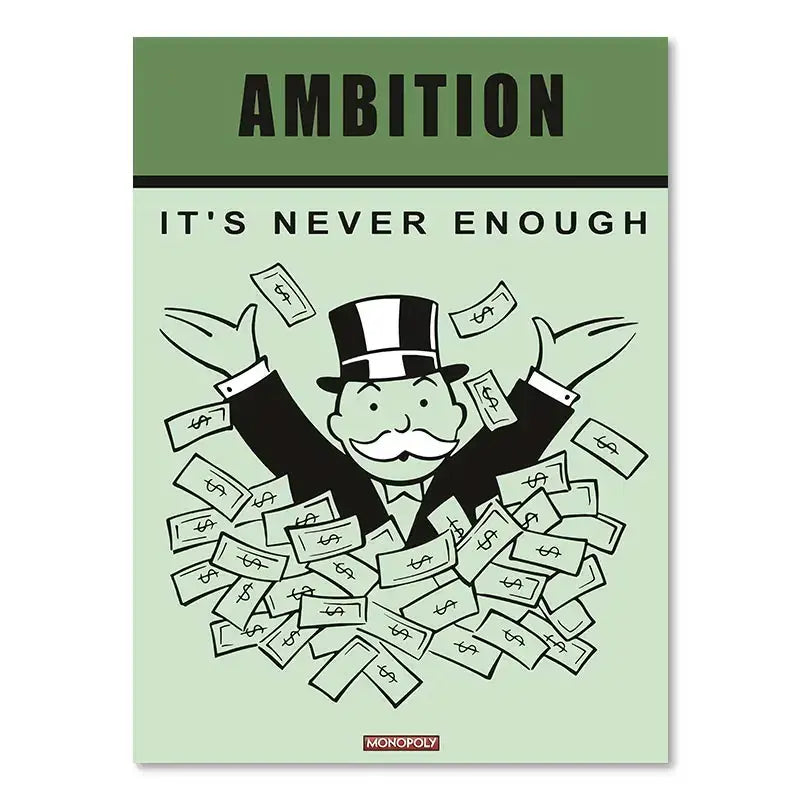 Decorbites™ dollar millionaire motivational cartoon canvas wall art with monopoly-themed man and ambition quote