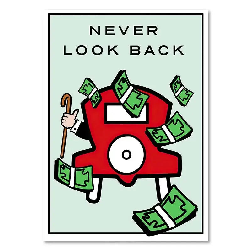 DecorBites red cartoon character canvas painting with motivational quote and green dollar bills wall art
