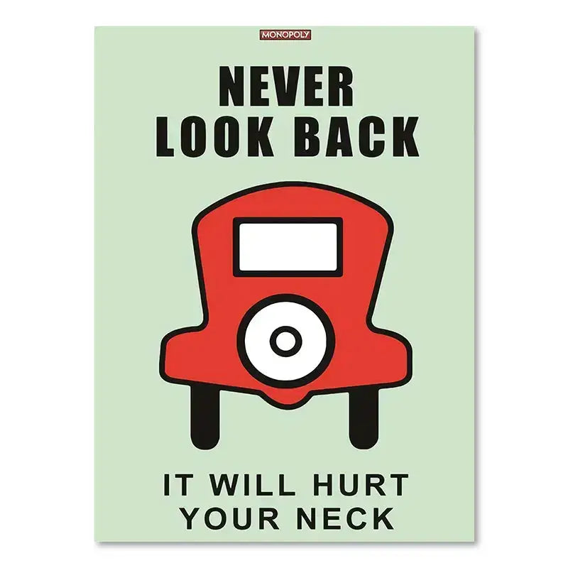 Red vintage-style car canvas painting with motivational quote never look back it will hurt your neck wall art by decorbites