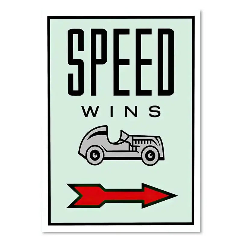 Decorbites™ dollar millionaire motivational cartoon canvas wall art features a retro speed wins sign with race car illustration