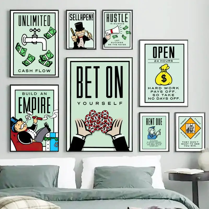 Set of eight framed DecorBites canvas painting wall art with motivational quotes and colorful illustrations on mint backgrounds
