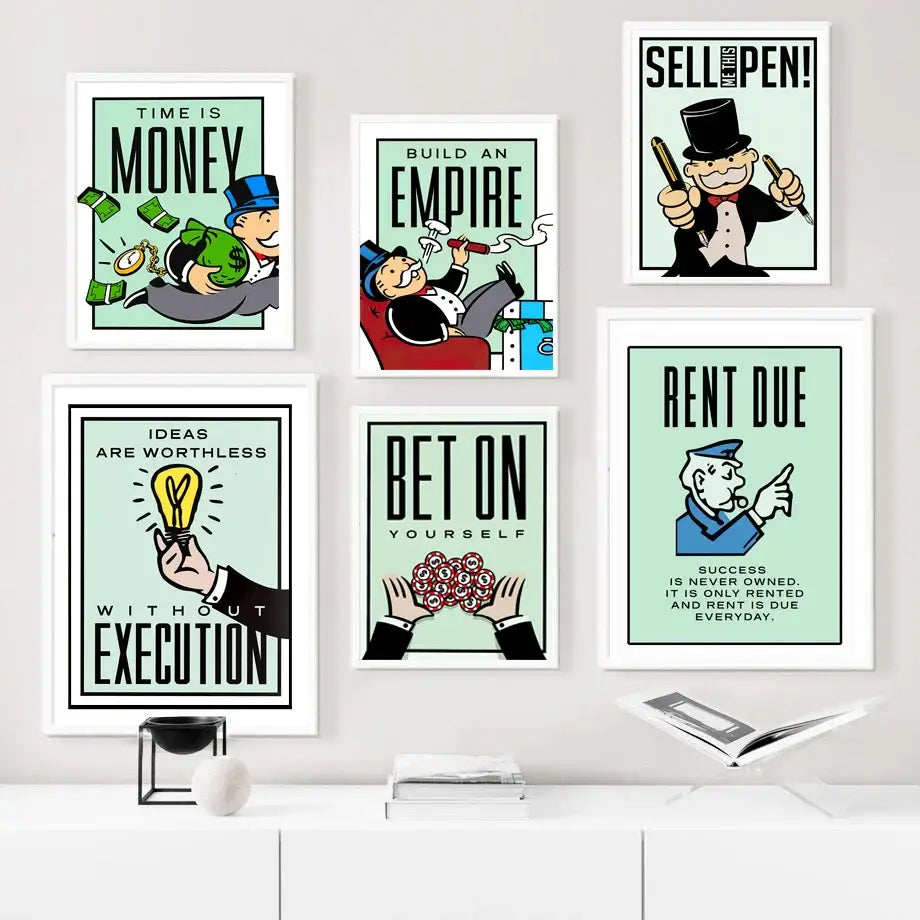 Set of six framed monopoly-themed mint canvas paintings featuring motivational quotes and colorful wall art for decor