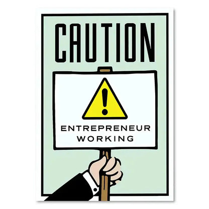 Decorbites™ dollar millionaire motivational cartoon canvas wall art with yellow caution sign held by hand in suit sleeve