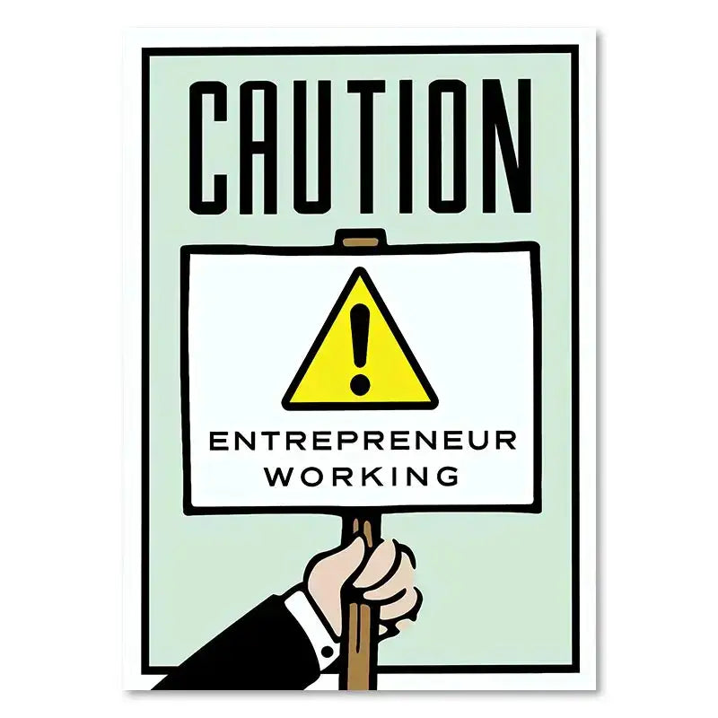 Decorbites™ dollar millionaire motivational cartoon canvas wall art with yellow caution sign held by hand in suit sleeve