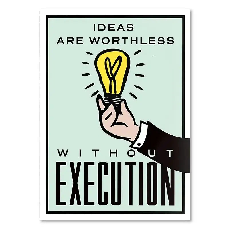Decorbites™ dollar millionaire motivational cartoon canvas wall art showing a hand holding a yellow light bulb on mint background