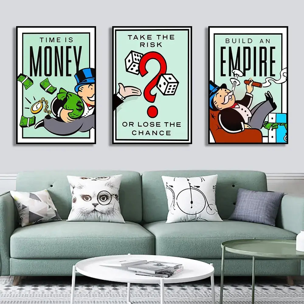 DecorBites canvas painting motivational quote wall art with three framed monopoly-themed mint green prints