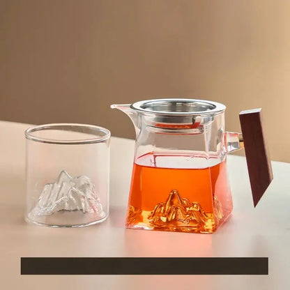 Clear glass tea cup set with wooden handle silver lid and mountain design base for dining room filter use