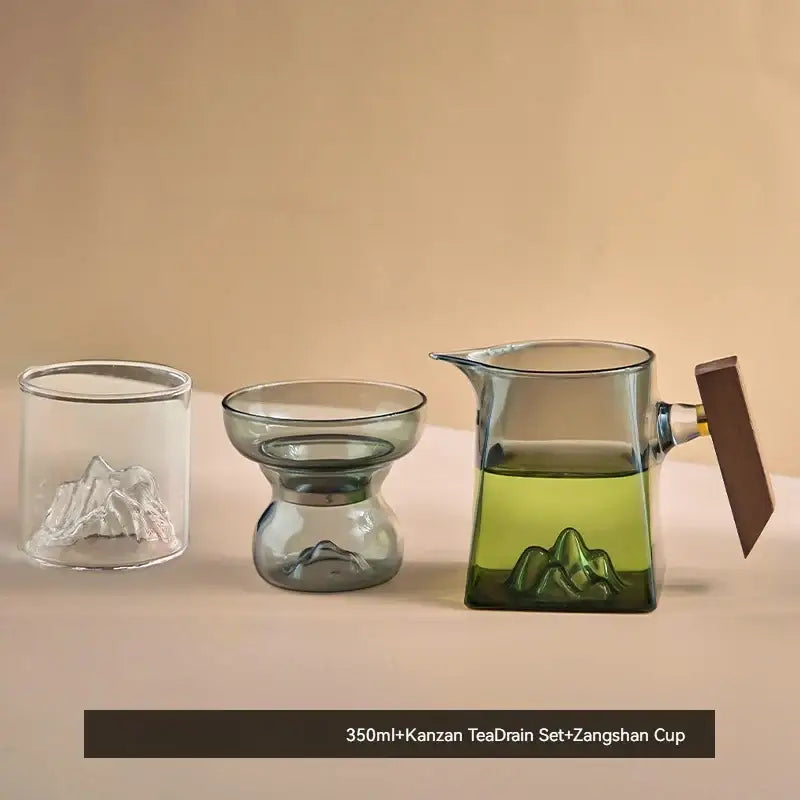 Clear glass tea cup set with mountain-shaped embossing and wooden handle pitcher for dining room filter use