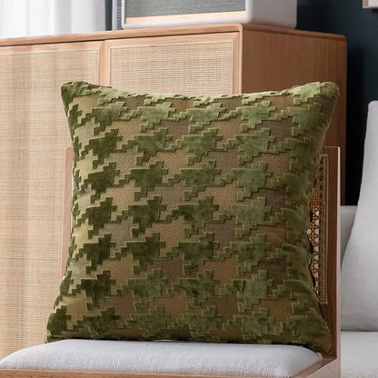Multi-color houndstooth luxury pillow cover in olive green and brown suede with embossed geometric decorbites houndstooth luxury design