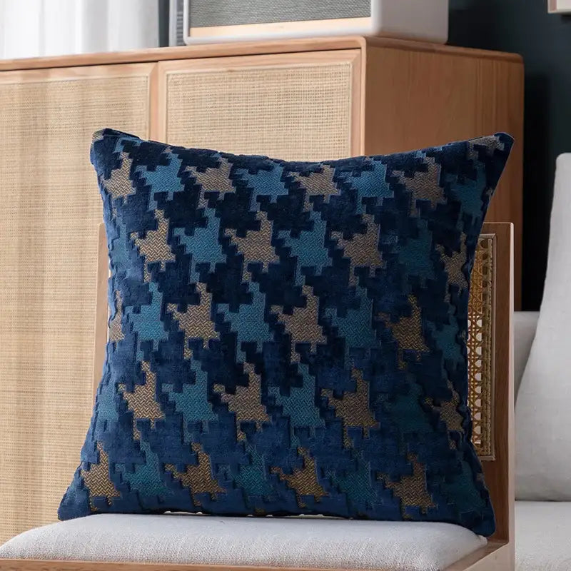Multi-color blue and beige houndstooth luxury velvet pillow cover for living room decor from decorbites houndstooth luxury collection
