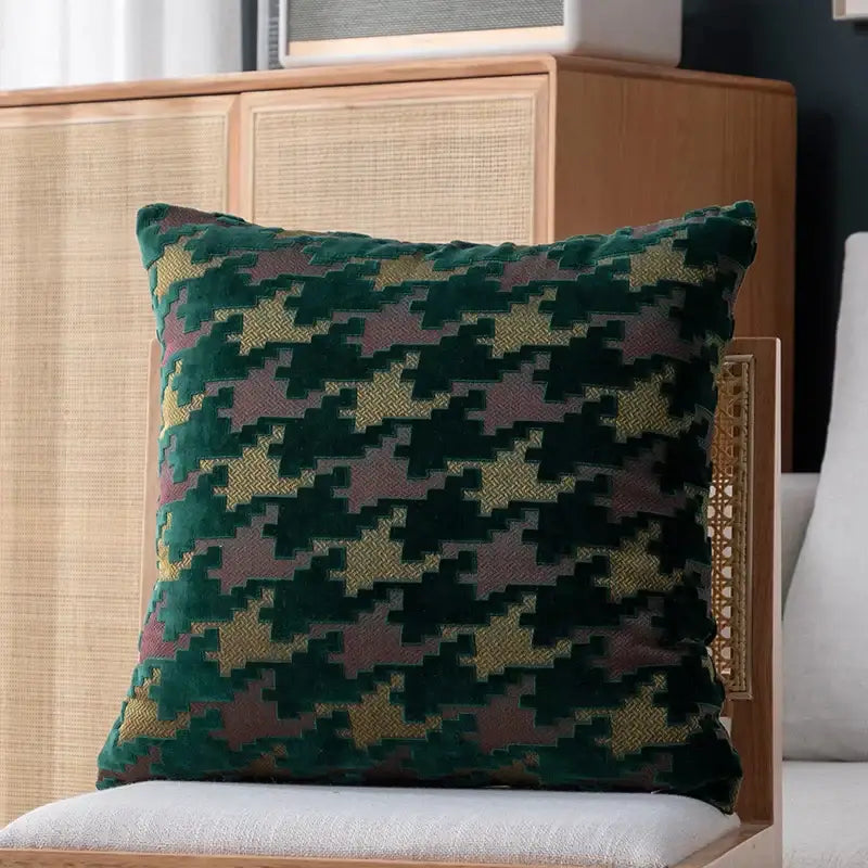 A multi-color houndstooth luxury pillow cover with deep green, muted pink, and gold tones for living room decorbites decor
