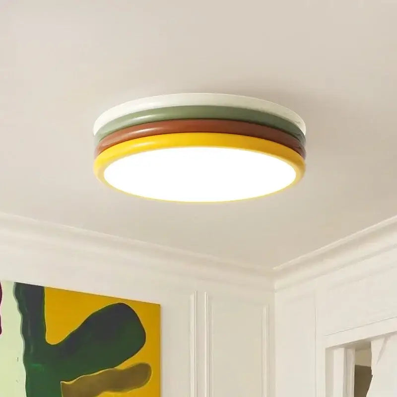 Multi color stack ceiling lamp with concentric rings of white olive green brown and yellow for bedroom decorbites color stack