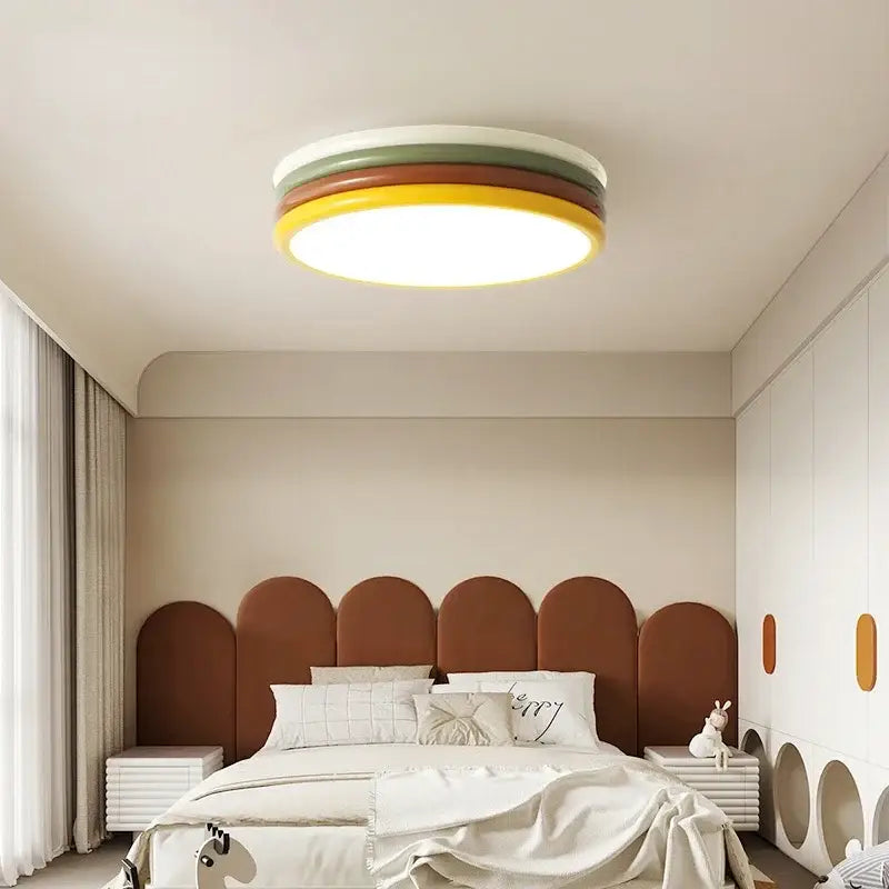 Multi color stack round ceiling lamp with concentric white olive green and yellow rings for bedroom decorbites color stack ceiling
