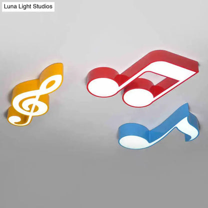 Set of three colorful modern acrylic musical note led ceiling lights in red blue and yellow for kindergarten use