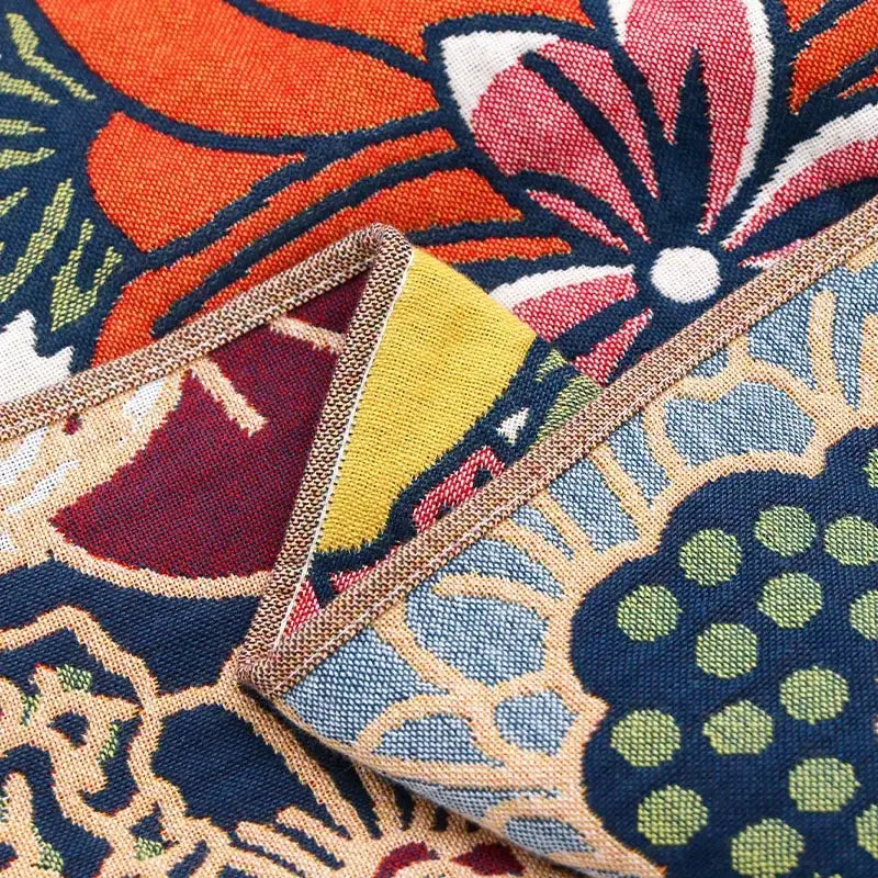 Multicolor gauze flower bath towel with vibrant floral and fruit motifs in orange red yellow blue green and maroon decorbites gauze flower bath