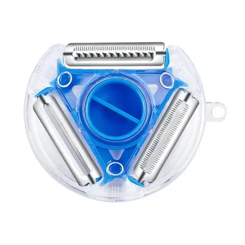 Blue and clear plastic magic peeler trio with three stainless steel blades for slicing and shredding vegetables