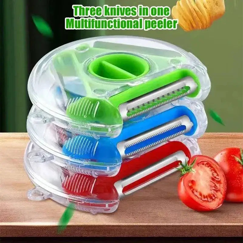Clear plastic case holding a multicolor magic peeler trio set with green blue and red blades for kitchen slicing