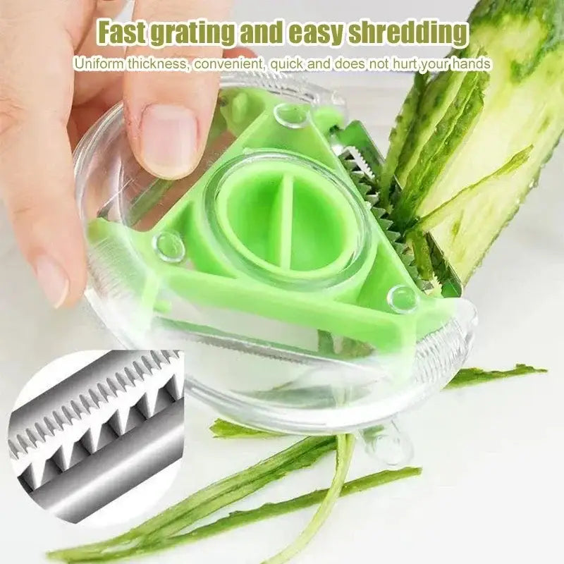 Green and clear plastic cucumber grater with stainless steel blades from multicolor magic peeler trio set for kitchen shredding