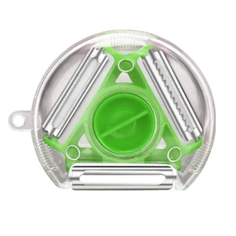 Green and silver multi-functional magic peeler trio set in clear plastic packaging for kitchen slicing and shredding