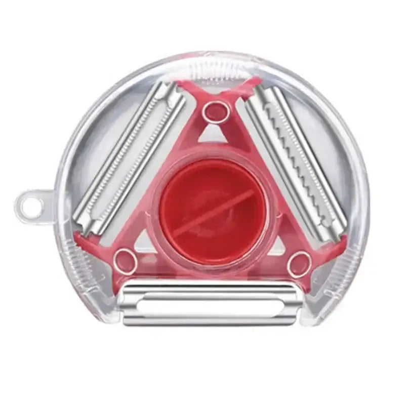 Red and silver triangular magic peeler trio set with three interchangeable blades in clear plastic case for kitchen use