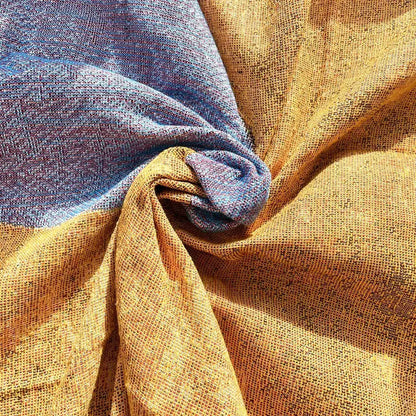 Multicolor patchwork striped jacquard tapestry blanket featuring a soft textured scarf in mustard yellow and muted blue