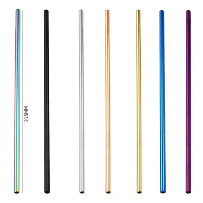 Seven 215mm multicolor stainless steel reusable straws in black silver rose gold yellow blue and purple for kitchen use
