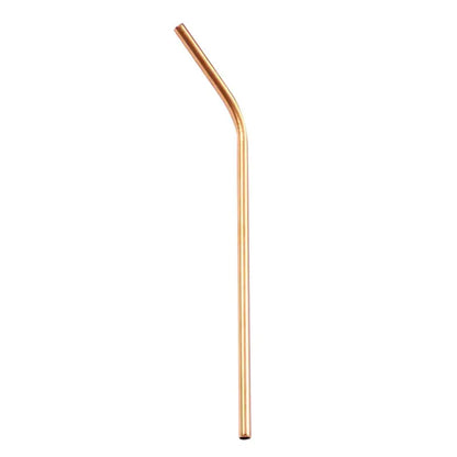A sleek curved copper-colored stainless steel reusable straw with smooth finish and tapered ends for kitchen dining use