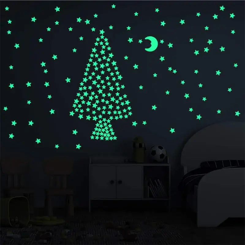Glowing green star-shaped multicolor stars glow dark wall stickers forming a christmas tree and crescent moon design