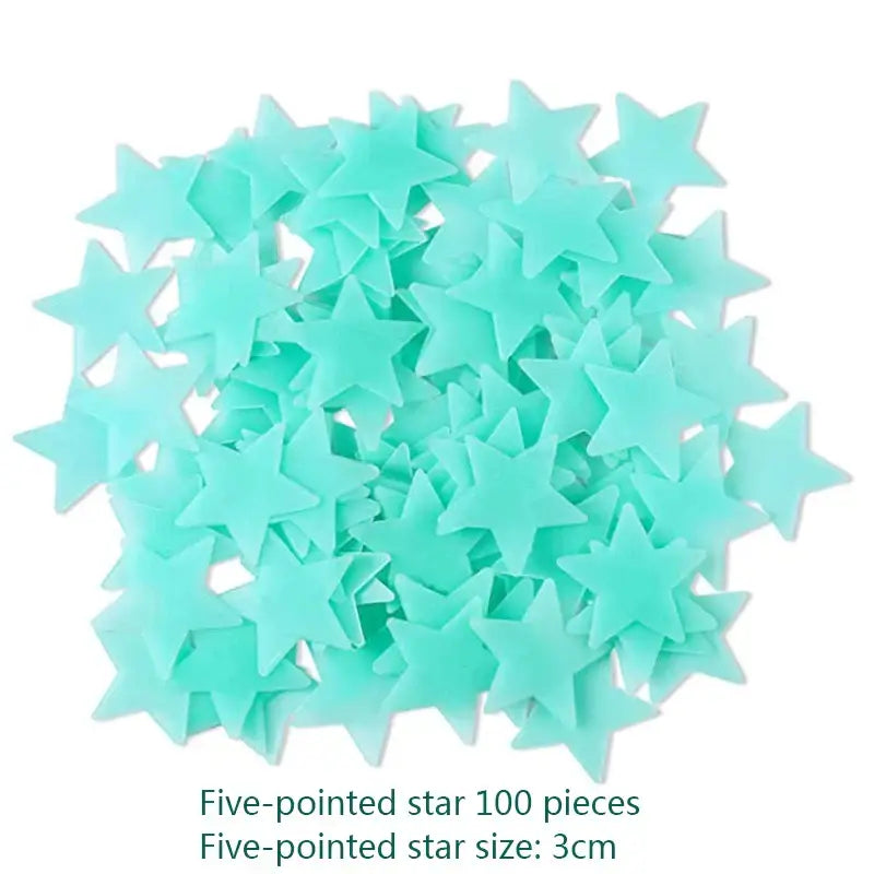 A set of 100 translucent teal five-pointed stars glow dark wall stickers for luminous bedroom decor measuring 3cm each