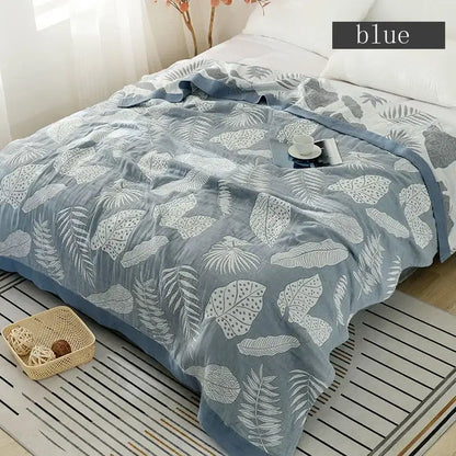 Light blue multicolored cotton gauze boho throw blanket with white leaf pattern and gray accents for bedroom decorbites cotton gauze