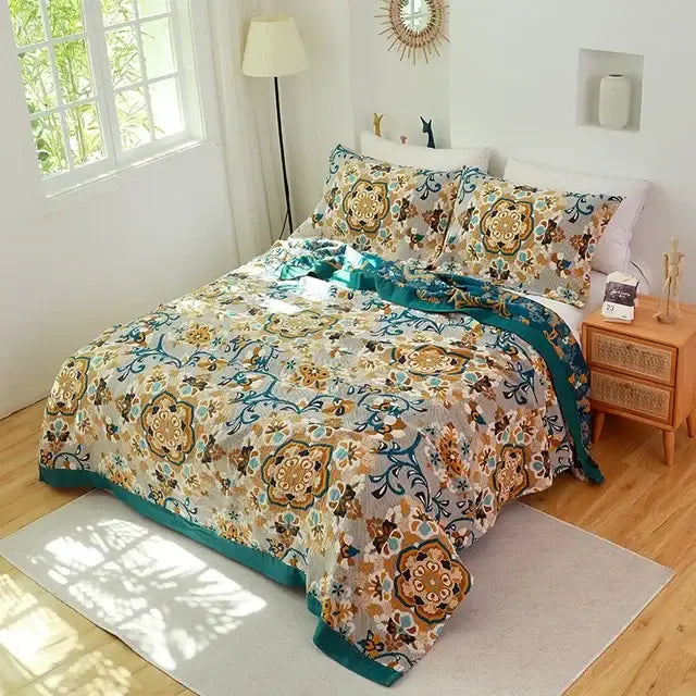Multicolored cotton gauze boho throw blanket with vibrant teal and gold floral mandala design for bedroom or living room decorbites cotton gauze