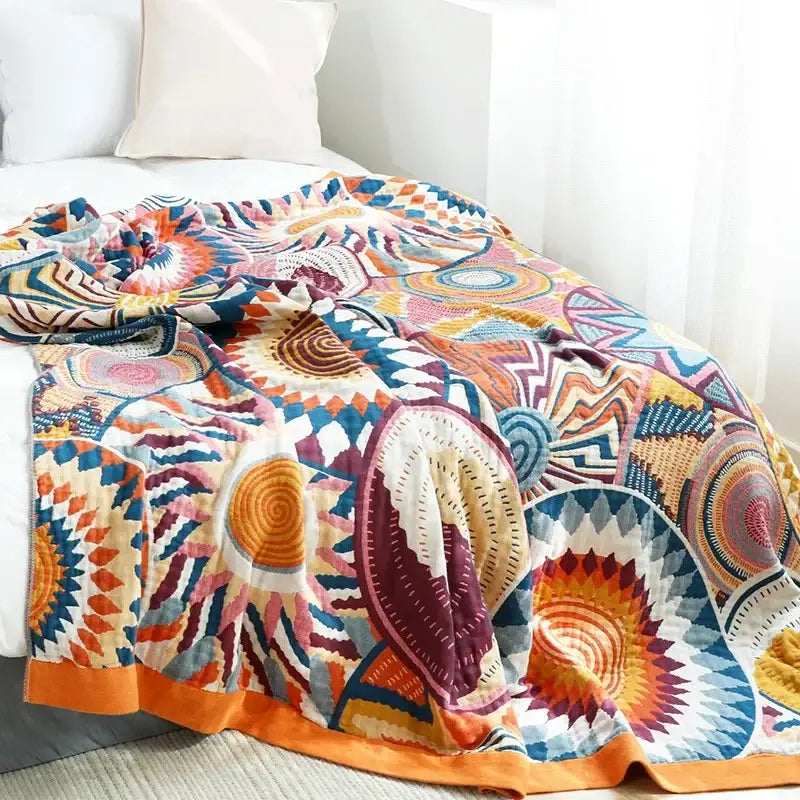 Vibrant multicolored cotton gauze boho throw blanket with geometric patterns and solid orange border for decorbites cotton gauze