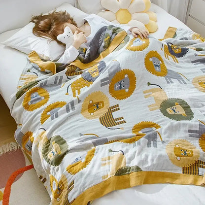 Multicolored cotton gauze boho throw blanket with white soft fabric cartoon lions and mustard trim for decorbites cotton gauze