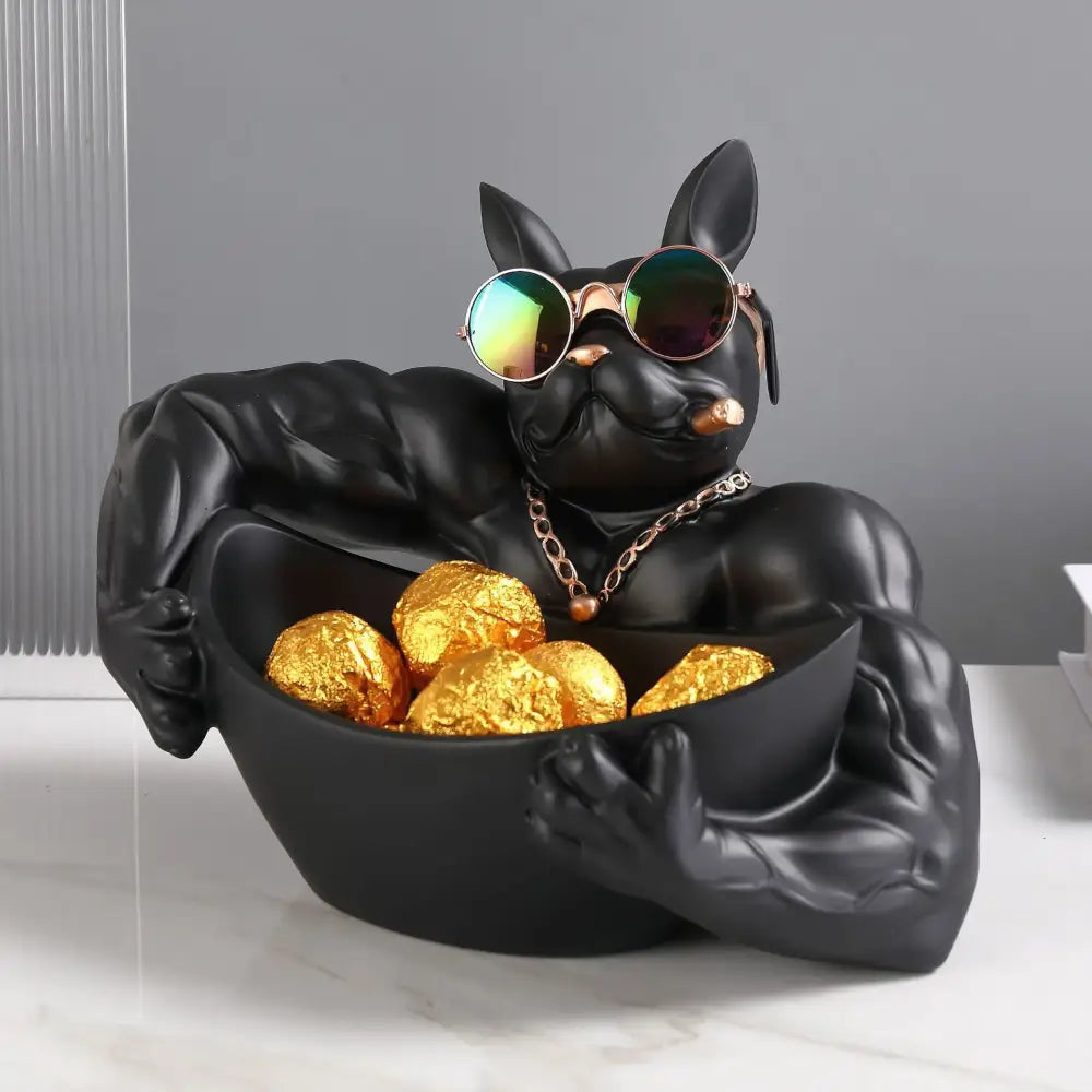 Black resin cool dog resin statue of a muscular french bulldog wearing sunglasses holding gold chocolates for home decor