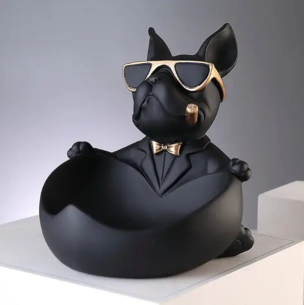 Muscular black french bulldog cool dog resin statue in sleek black suit with gold-rimmed sunglasses for home decor