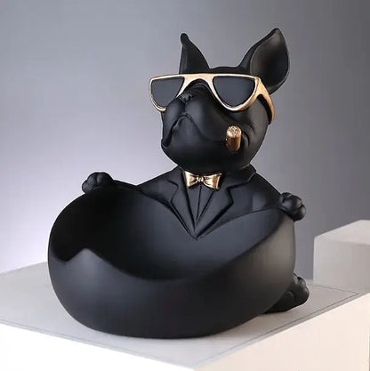 Muscular black french bulldog cool dog resin statue in sleek black suit with gold-rimmed sunglasses for home decor