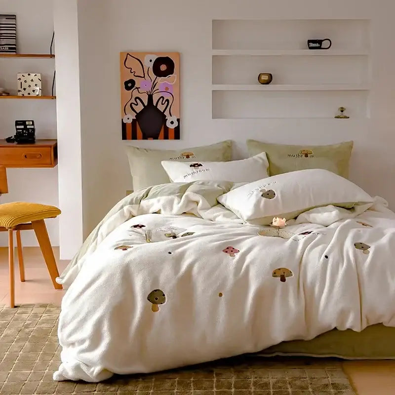 Cream-colored decorbites embroidered cashmere winter duvet set with mushroom patterns for bedroom bedding decor