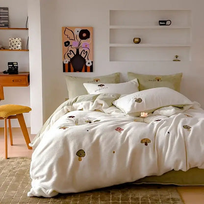 Cream-colored decorbites embroidered cashmere winter duvet set with mushroom patterns for bedroom bedding decor