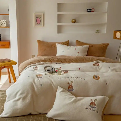 Cream-colored plush mushroom embroidered cashmere winter duvet set with bunny polka dot patterns and with you happiness script