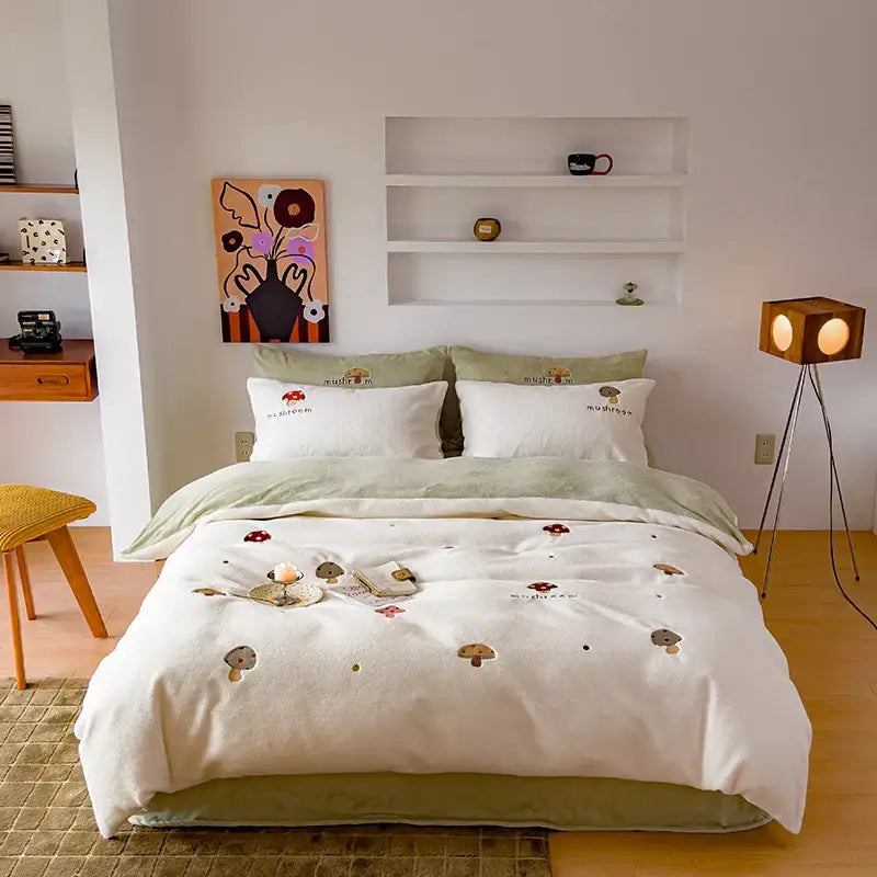 Mushroom-themed cream fleece duvet set with embroidered cashmere winter decorbites in earthy tones for bedroom bedding
