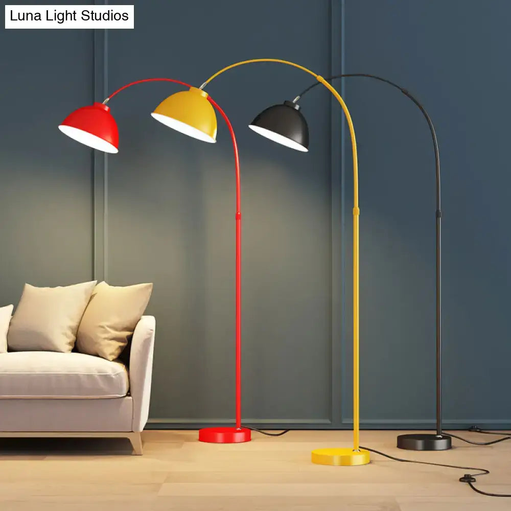 Three modern arched decorbites™ adjustable domed floor lamps in red yellow and black with metal stands for living room lighting compatible with led incandescent fluorescent 220v-240v 110v-120v