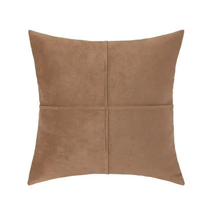 Tan suede square pillow cover with subtle cross faux stitching and textured surface for living room decorbites decor