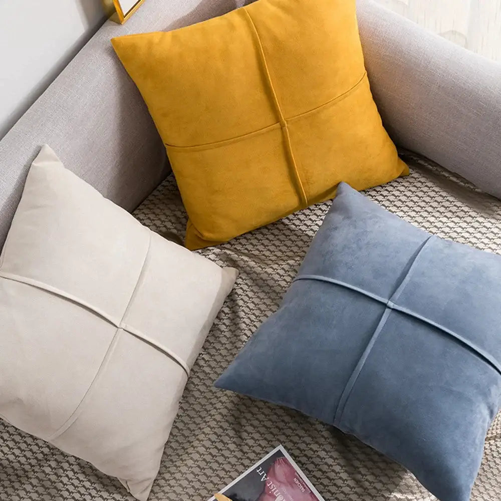 Three square throw pillow covers in mustard yellow cream white and dusty blue cross faux suede for living room decorbites decor