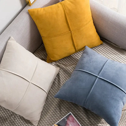 Three square throw pillow covers in mustard yellow cream white and dusty blue cross faux suede for living room decorbites decor