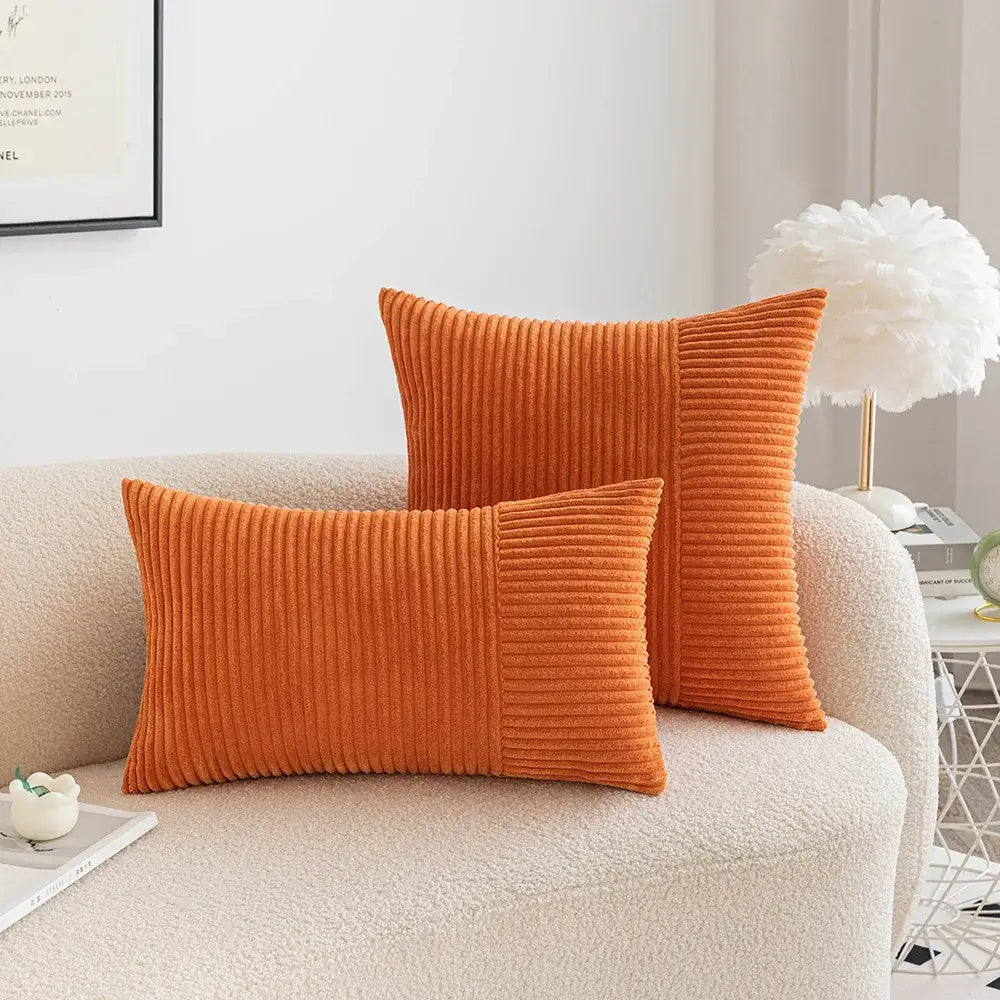 Orange corduroy throw pillow covers with ribbed texture and striped patchwork decorbites corduroy striped design
